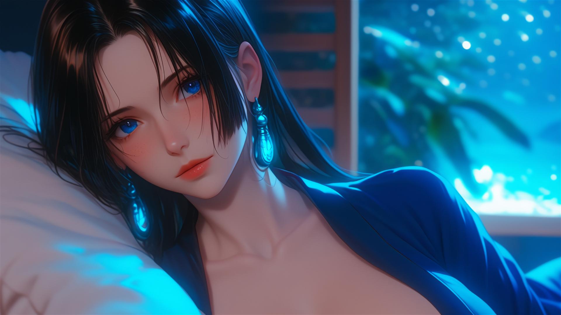 Boa Hancock resting in an apartment under moonlight with short hair