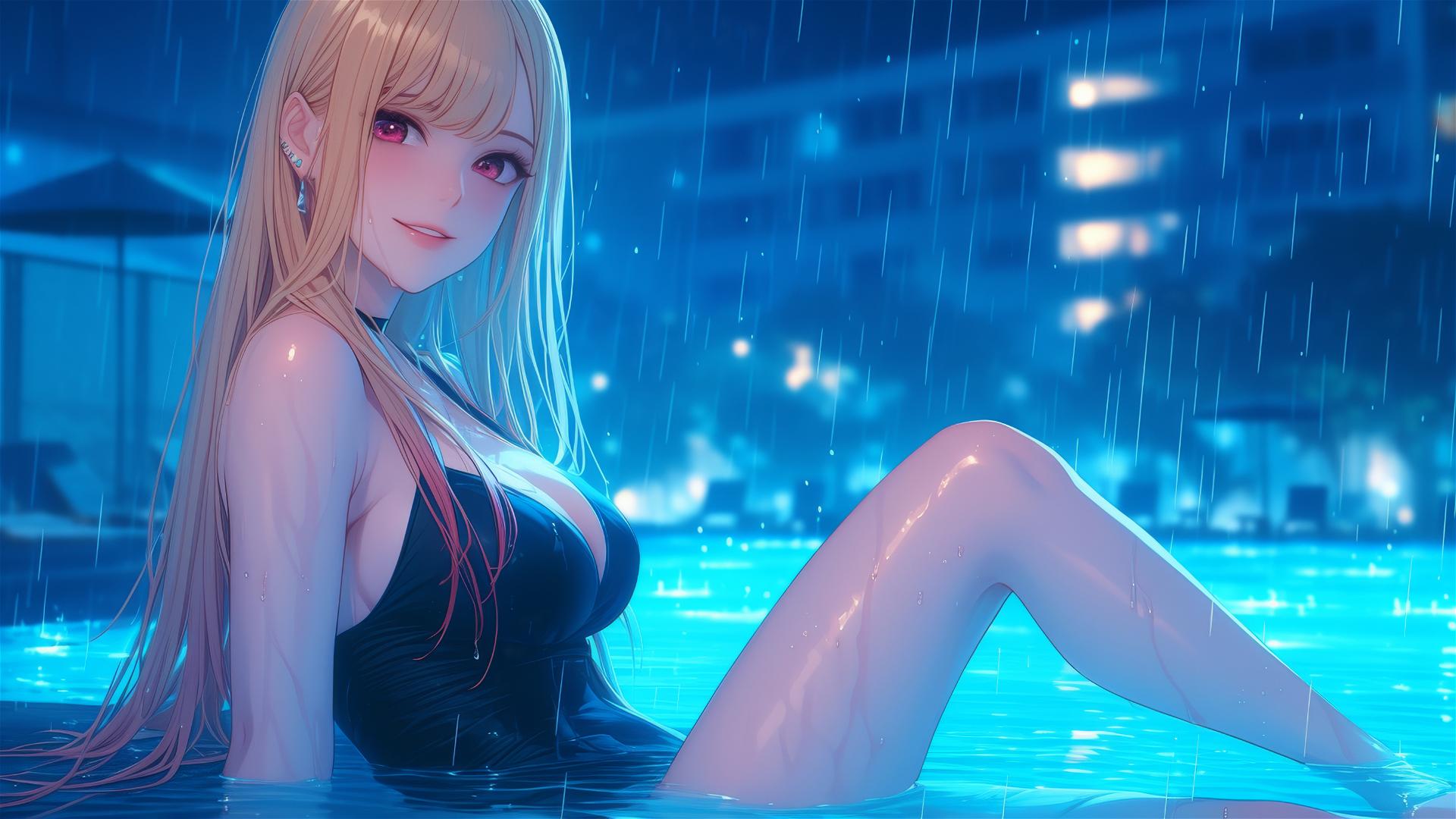 Marin Kitagawa sitting at a rainy swimming pool under moonlight, with blonde hair tipped with pinkish-red or citrus orange.