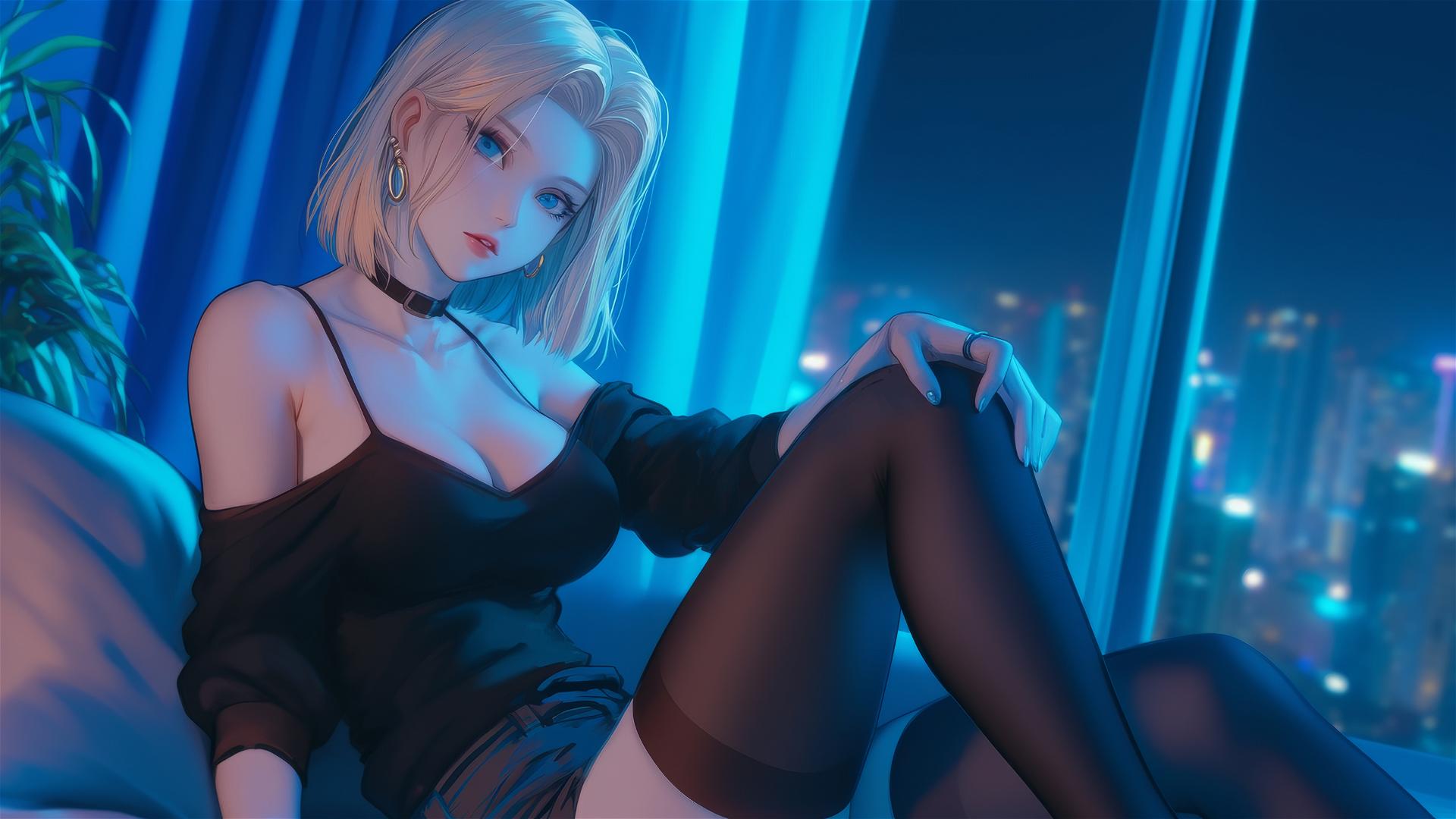 Android 18 from Dragon Ball resting in modern hotel room, moonlight glow