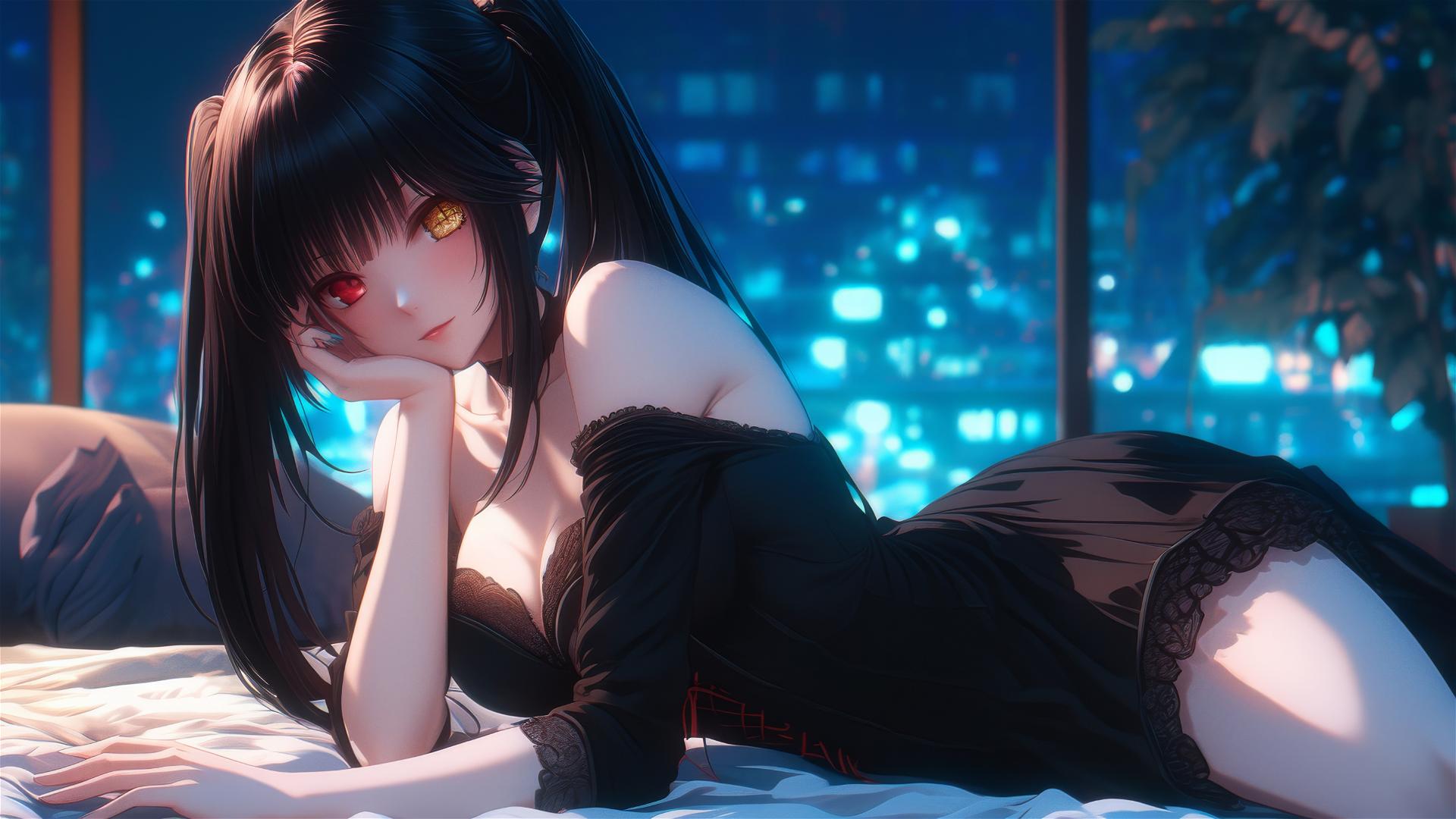Kurumi Tokisaki from Date A Live resting in a moonlit modern hotel room.