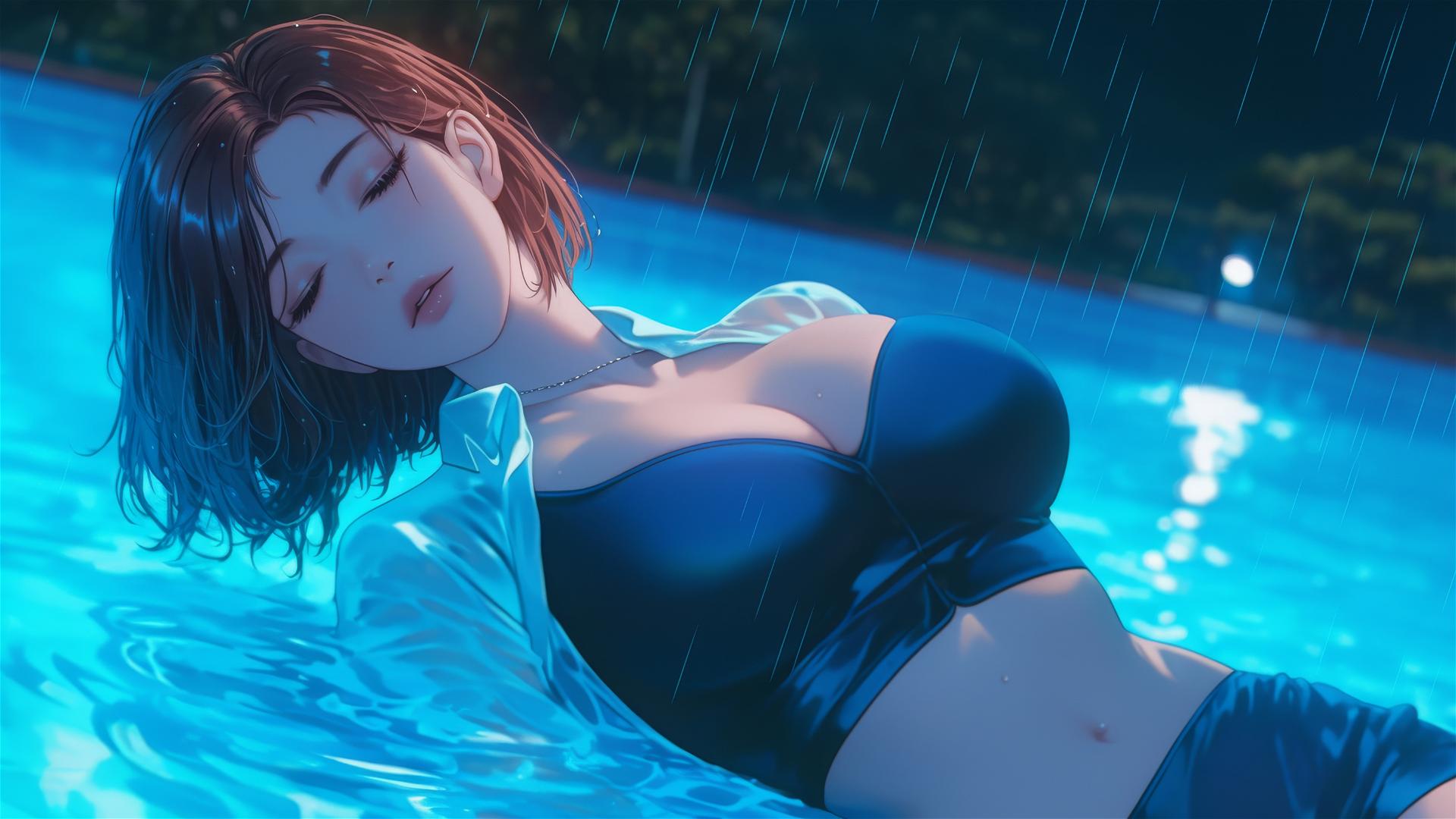 Nobara Kugisaki resting by a rainy pool with moonlight glow.