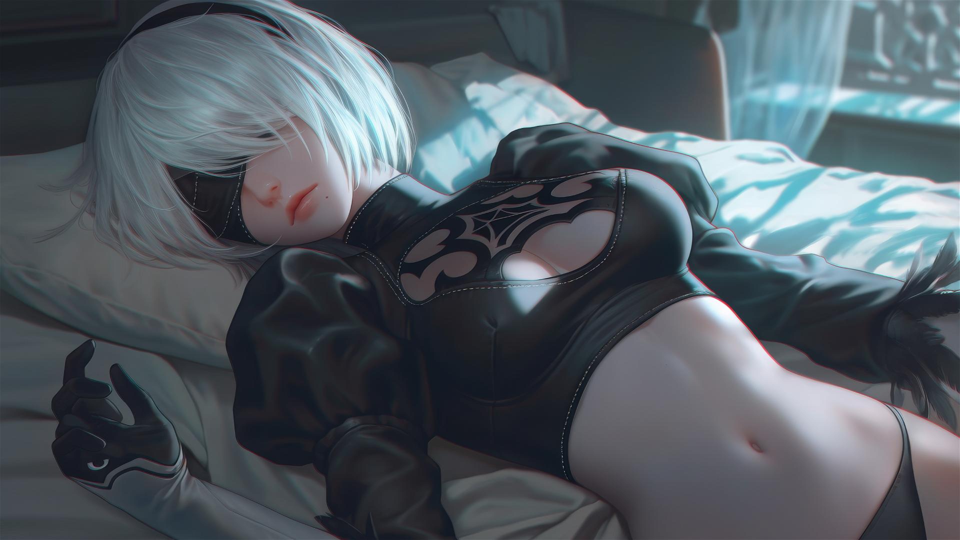 2B from Nier resting in a modern hotel room with moonlight glow