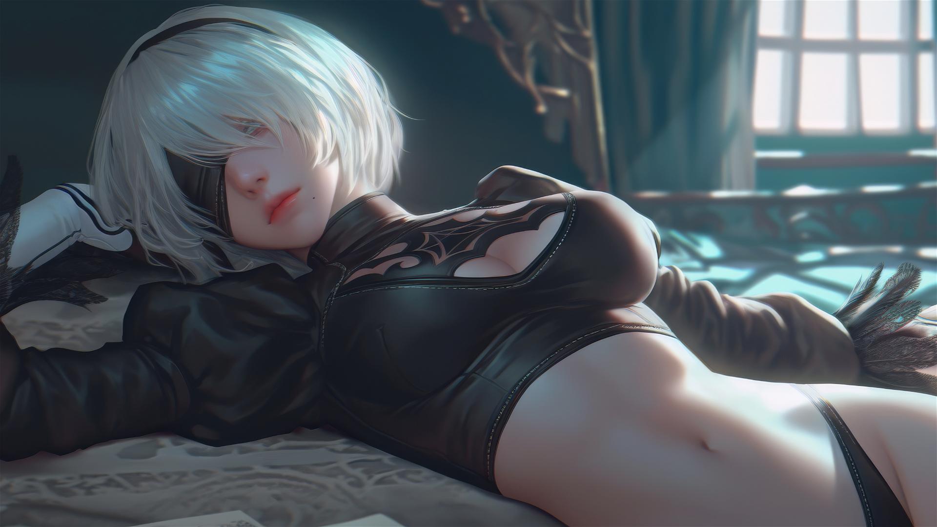 2B from Nier resting in a modern hotel room under moonlight