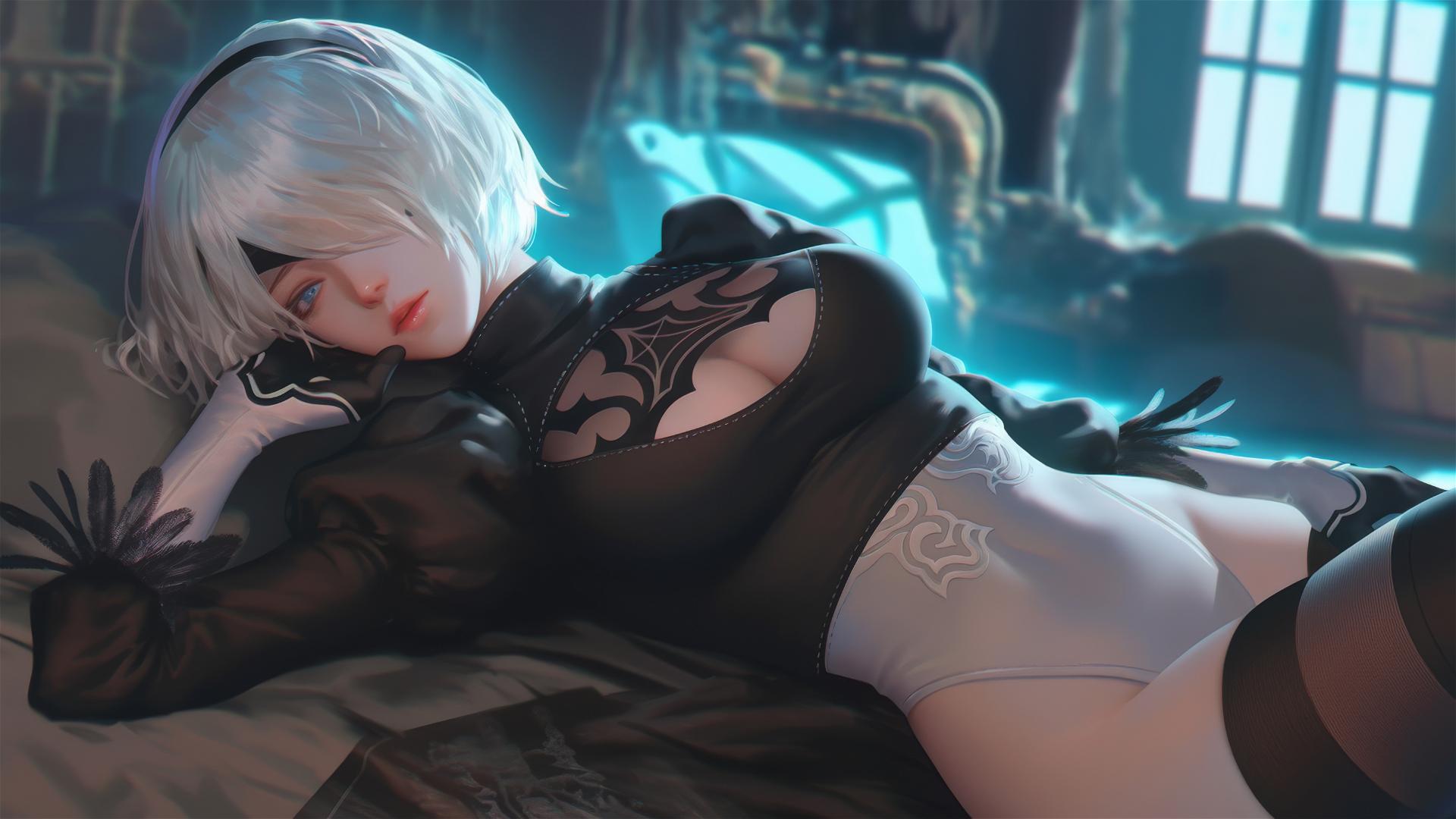 2B from Nier, resting in a modern hotel room with moonlight glow