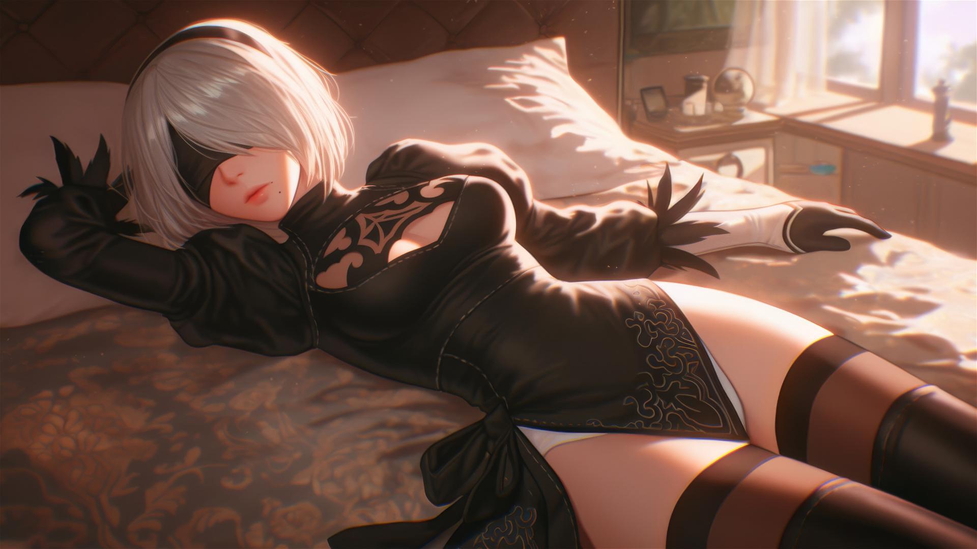 2B from Nier in a modern hotel room with moonlight glow