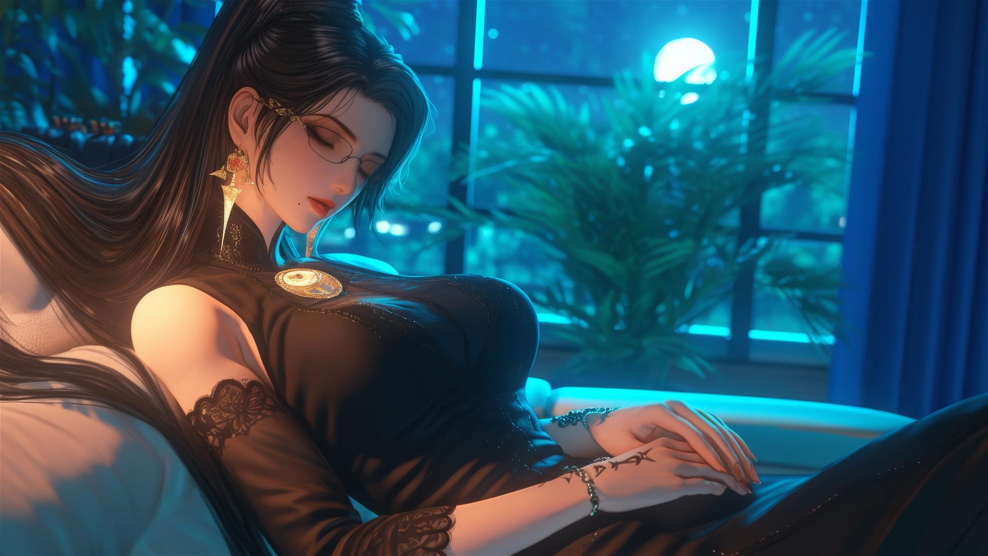 Bayonetta resting in a modern hotel room with moonlight casting a glow