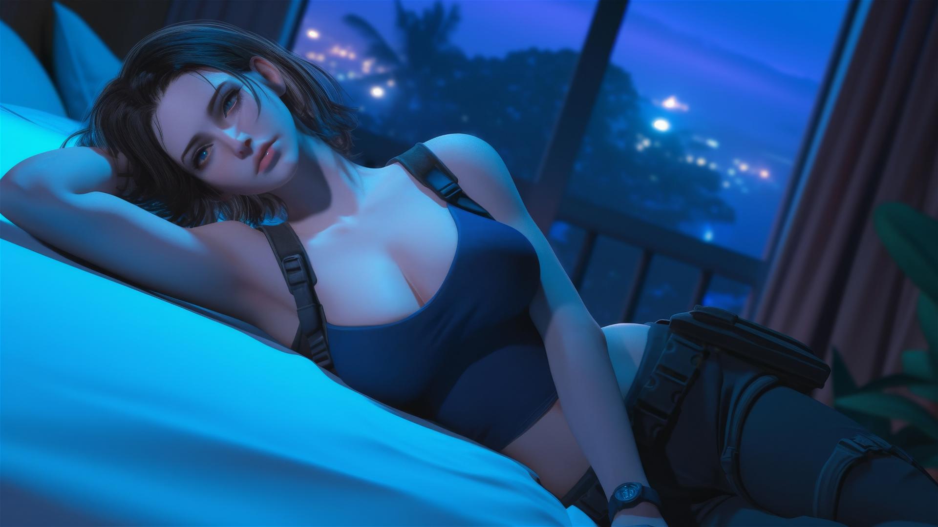 Jill Valentine resting in a modern hotel room with moonlight glow.
