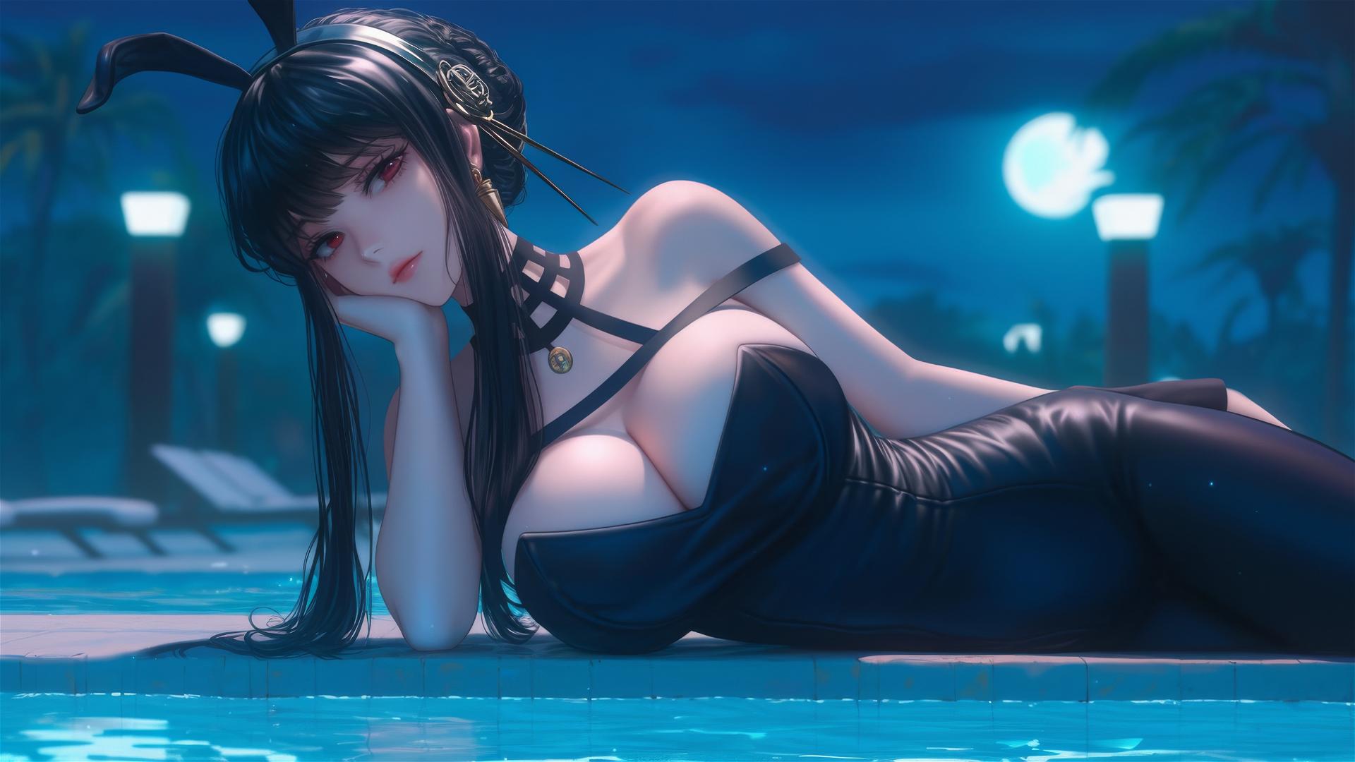 Yor Forger in bunny girl style at moonlit pool
