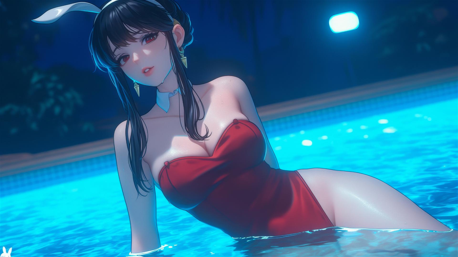 Yor Forger in bunny girl outfit resting by a moonlit pool