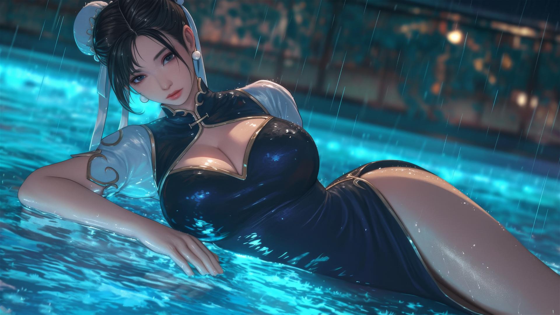Chun Li from Street Fighter in a pure black dress, resting at a rainy pool with moonlight