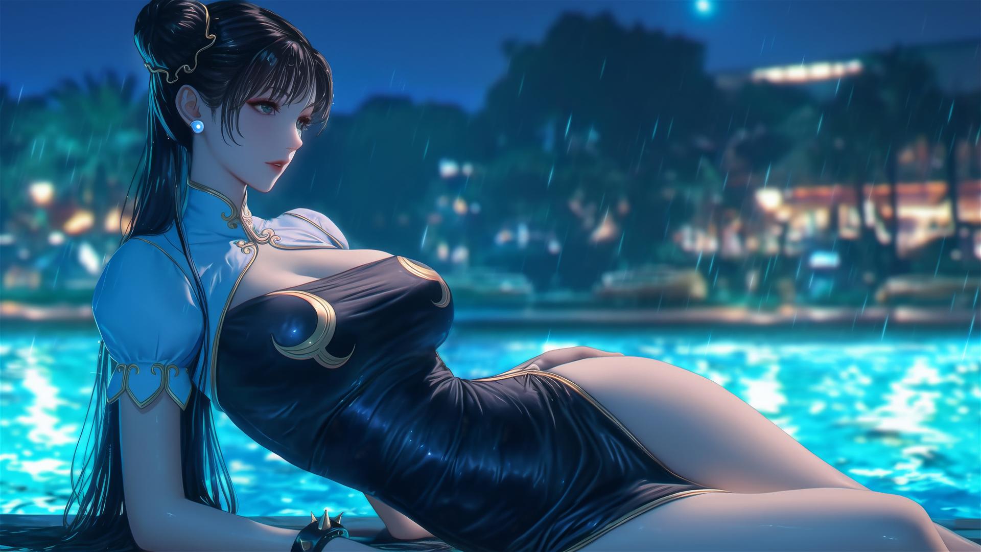 Chun Li in a pure black dress resting by a rainy swimming pool under moonlight.