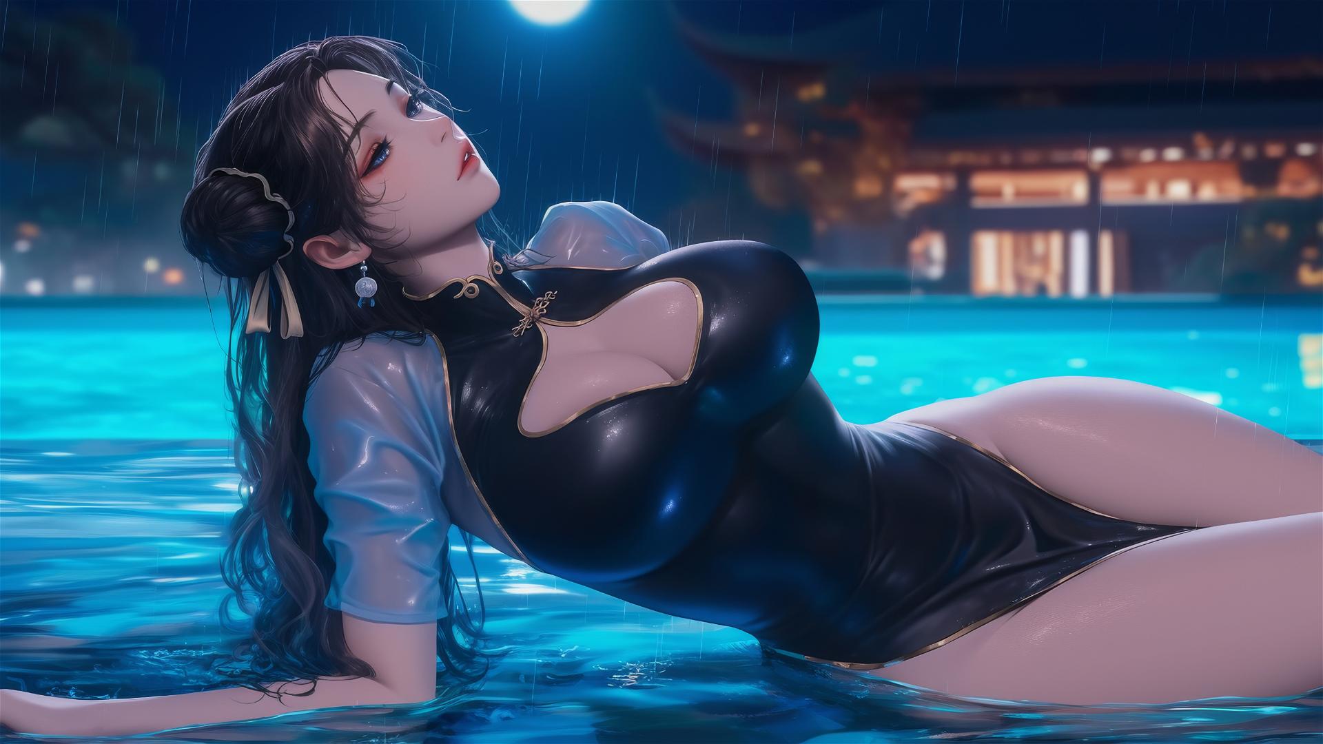 Chun Li in a pure black dress resting at a rainy swimming pool with moonlight glow