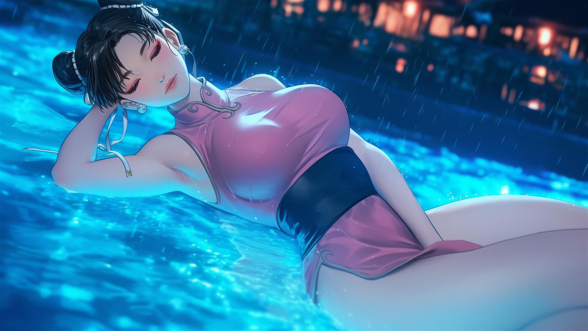 Chun Li in pink dress resting by a rainy swimming pool at night under moonlight.