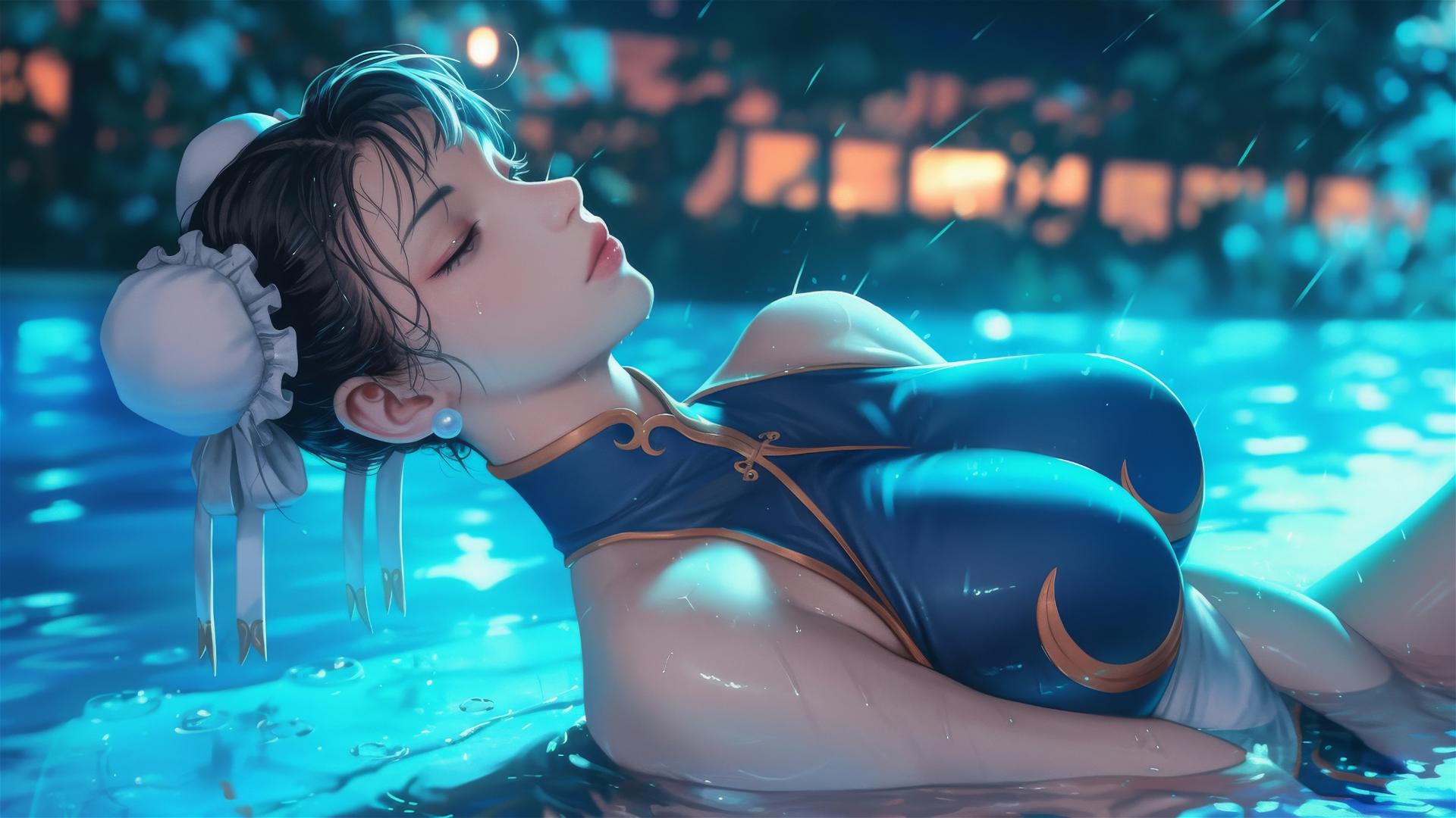 Chun Li from Street Fighter resting by a rainy swimming pool under moonlight.