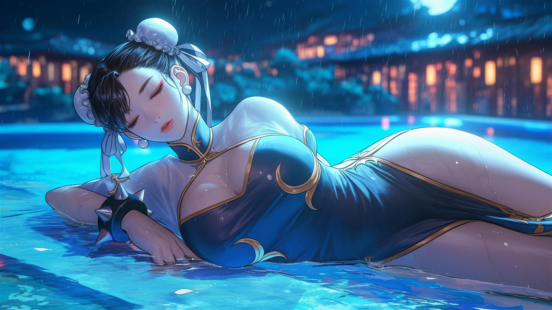 Chun Li resting by a rainy pool under moonlight