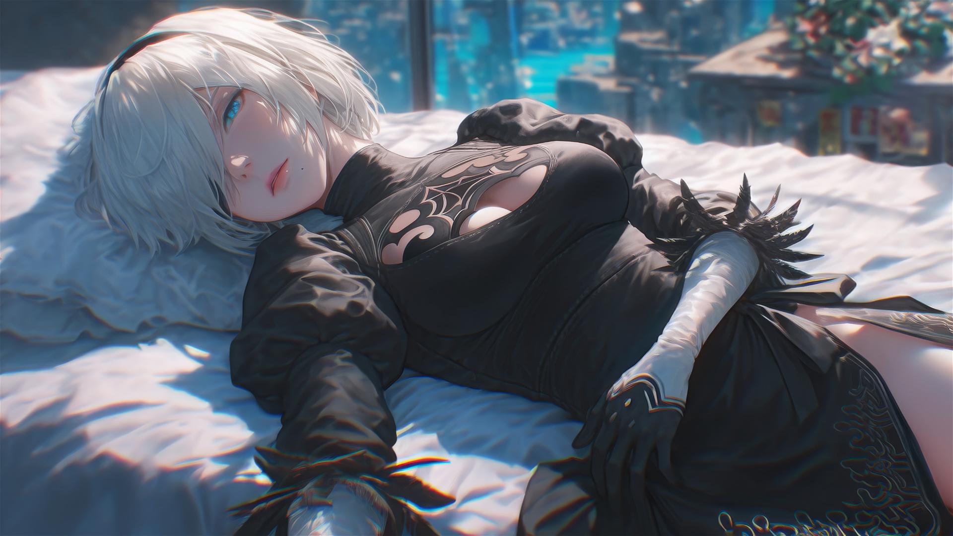 High angle view of 2B from Nier in bed with relaxed posture and short hair