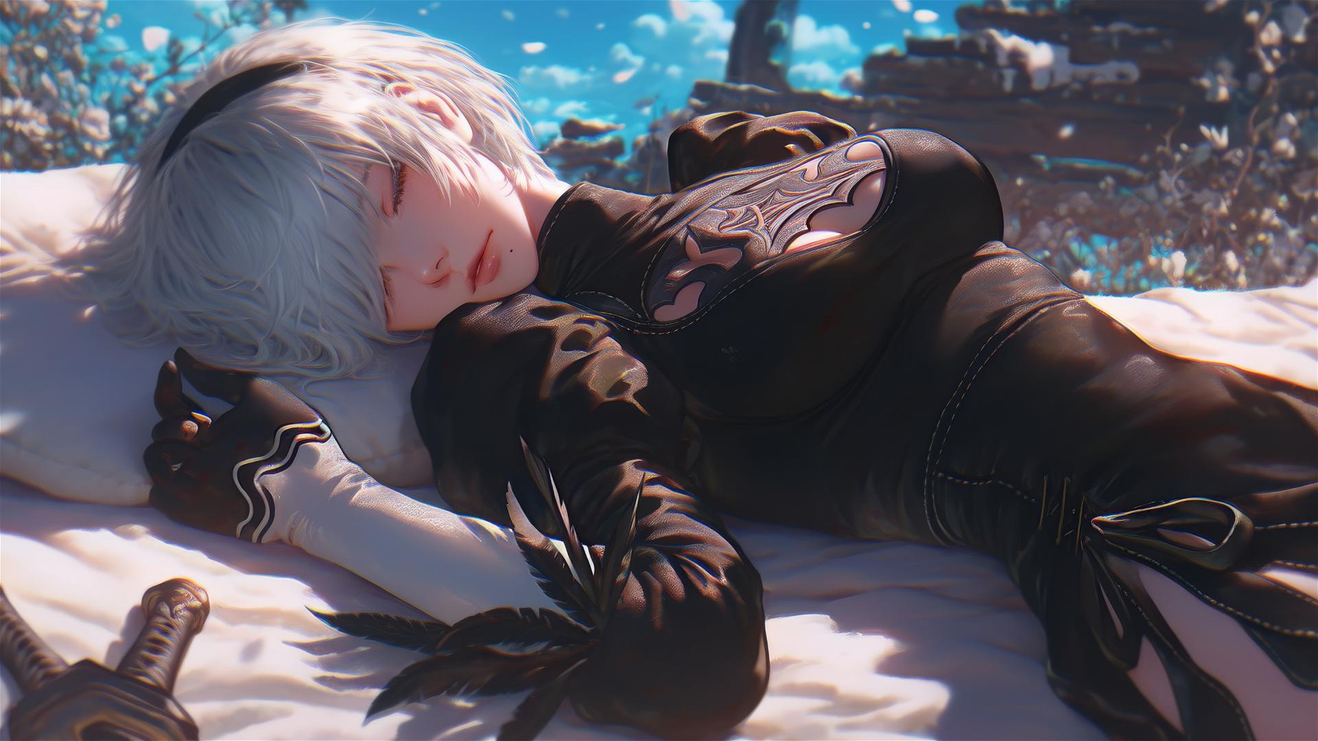 2B from Nier relaxing in bed, viewed from high angle