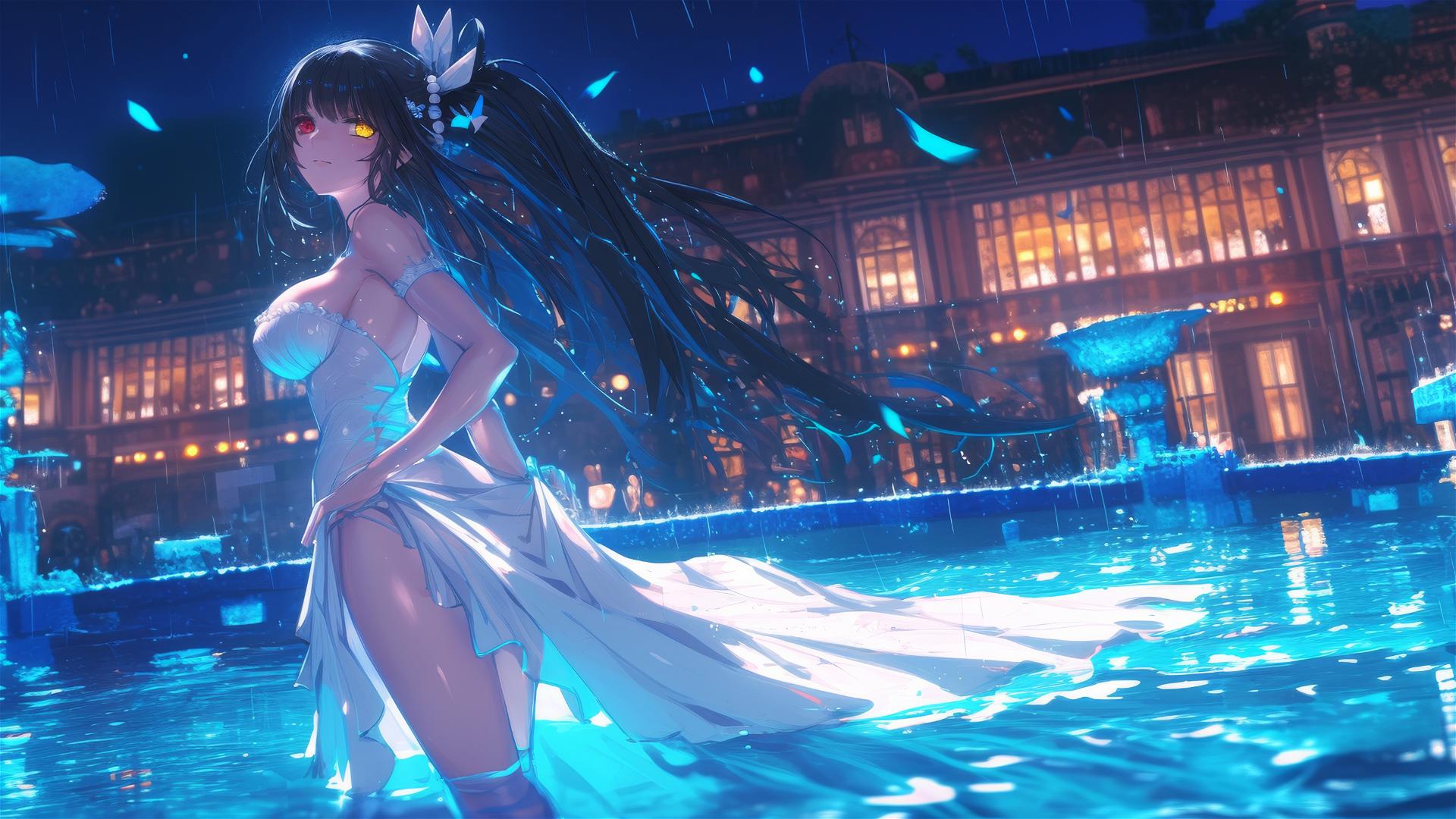 Kurumi Tokisaki from Date A Live standing in a rainy swimming pool under moonlight, white dress, red and yellow eyes.