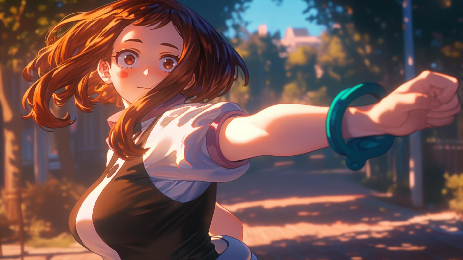 Ochaco Uraraka running in a quiet modern park at sunrise, warm light glow