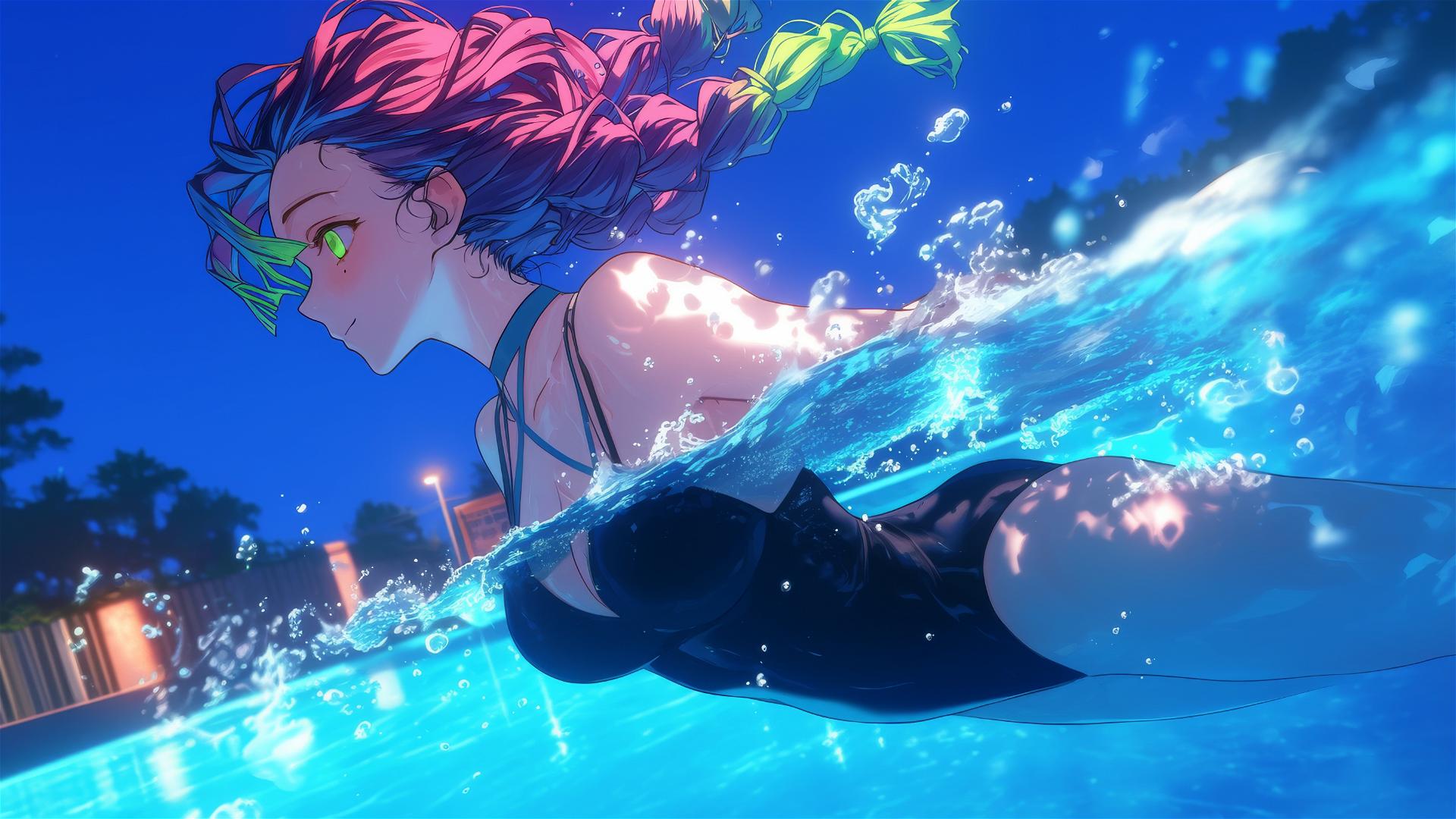 Mitsuri Kanroji jumping out of a swimming pool under moonlight, pink-green hair