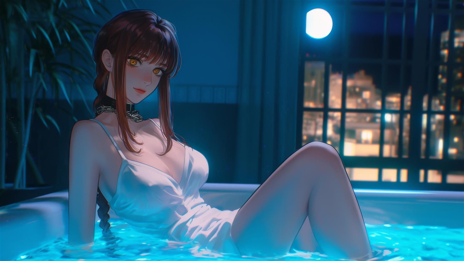 Makima from Chainsaw Man with chains, resting in a bathtub under moonlight