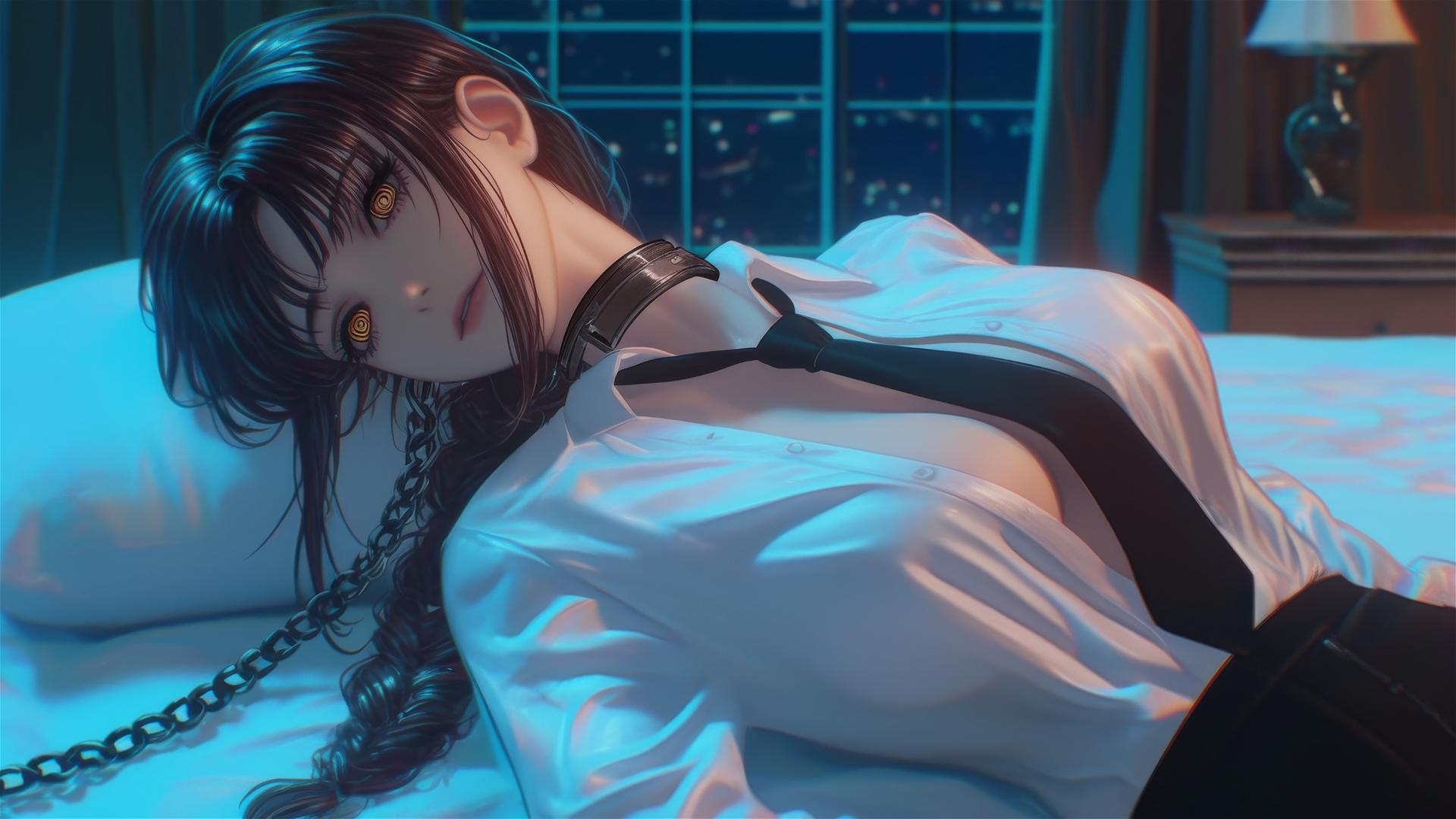 Makima from Chainsaw Man in a modern hotel room, neck locked with thick iron chains, illuminated by moonlight
