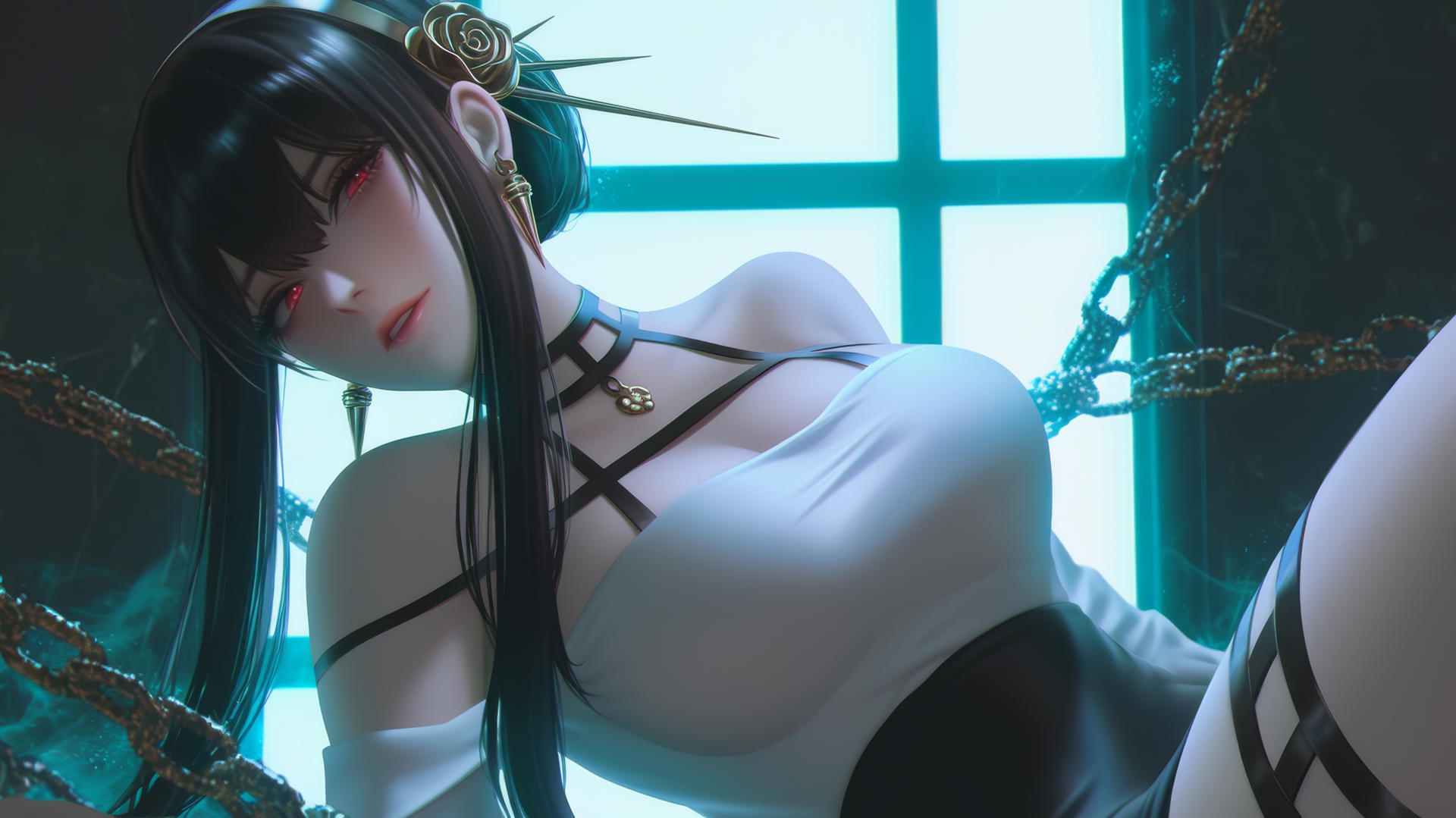 Yor Forger in white shirt, chained, neon-lit, thigh focus.