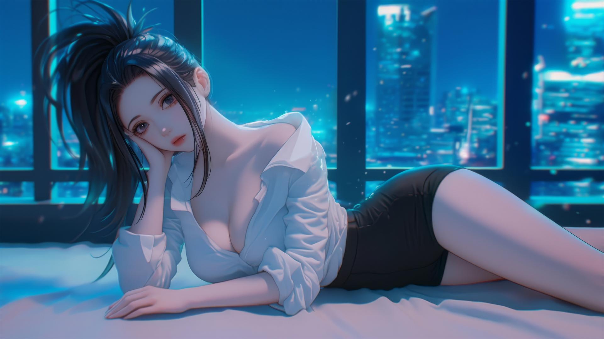 Momo Yaoyorozu from My Hero Academia in a white office shirt, neon glow