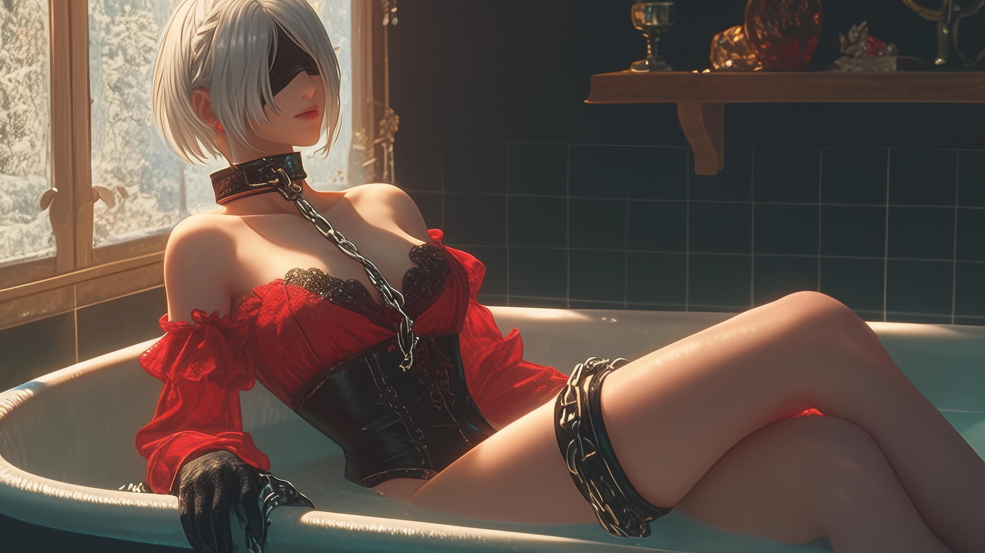 2B from Nier with thick iron chains around neck, red blindfold, in a modern apartment