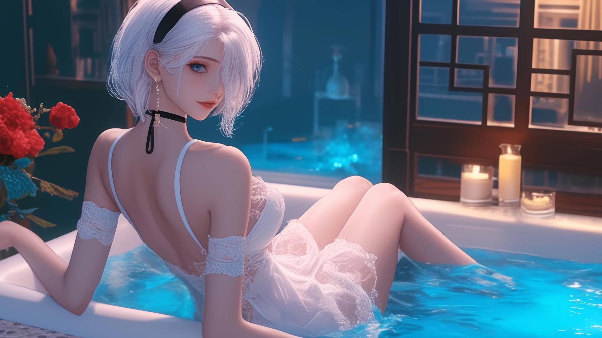2B from Nier, in white, standing by a bathtub in a modern apartment with warm light