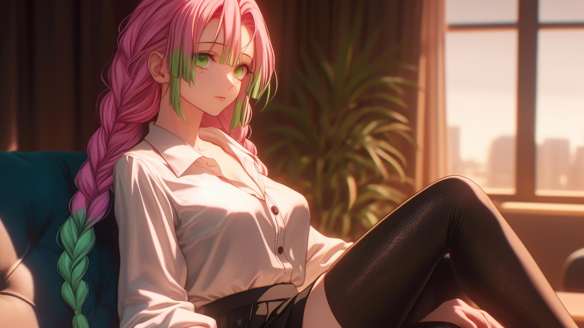 Mitsuri Kanroji from Demon Slayer relaxing in a moonlit modern hotel room