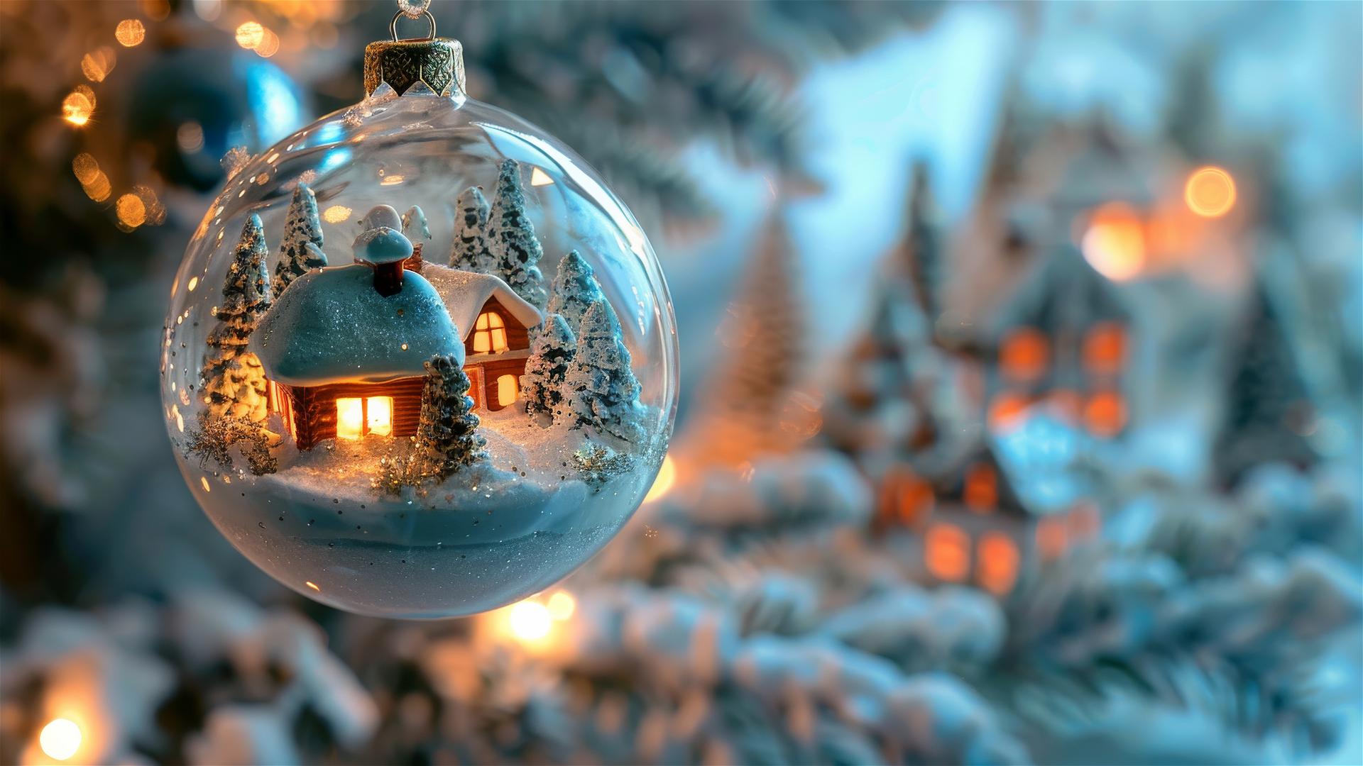 Snowy village in glass Christmas balls on a festive tree