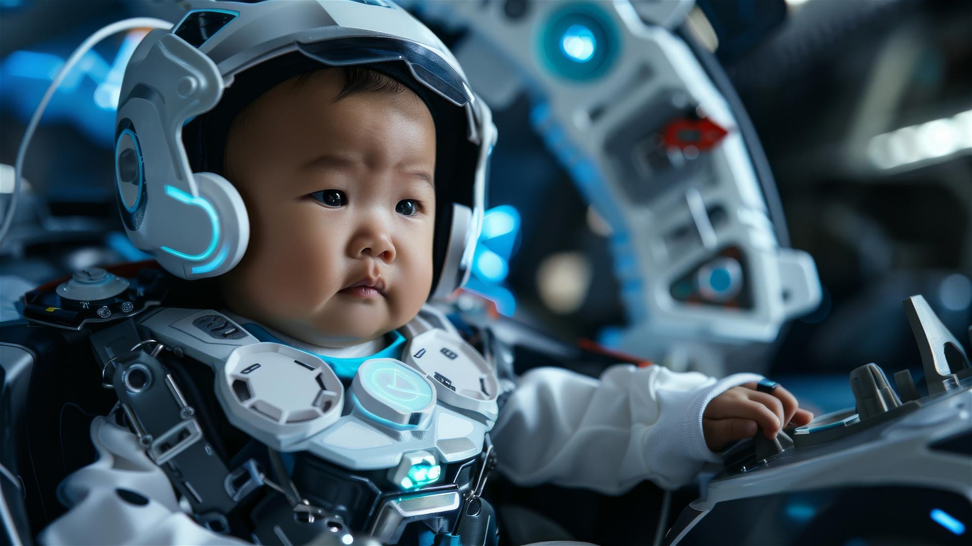Cute chubby newborn baby in mini robot costume in futuristic factory