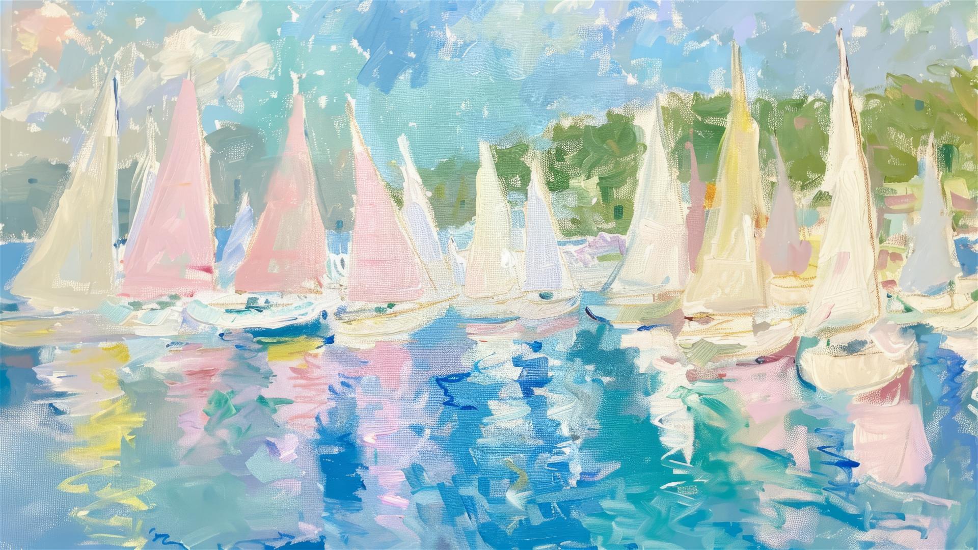 Painting of sailboats at the marina in pastel colors with trees and blue sky