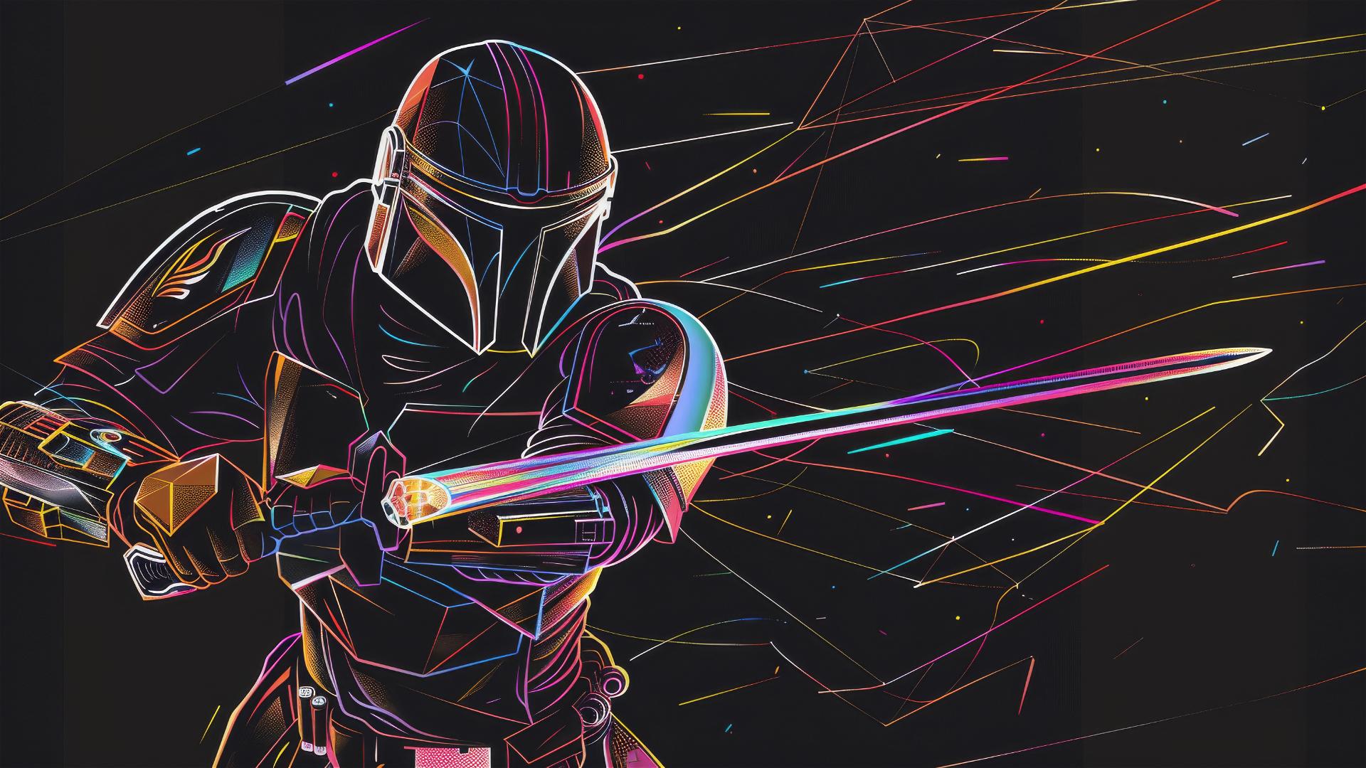 Abstract drawing of Mandalorian with sword, white on black, colorful lines