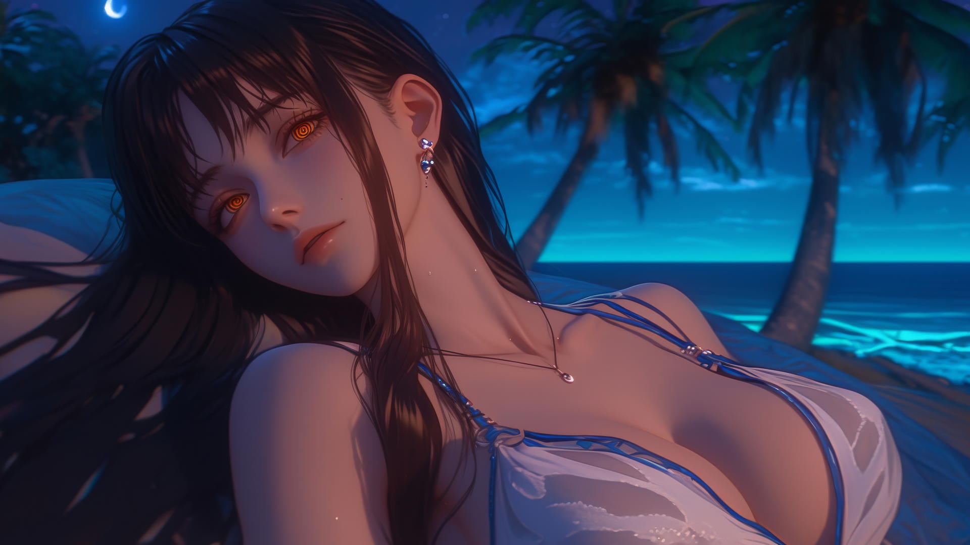 Makima from Chainsaw Man resting at sea during a romantic neon pink sunset.