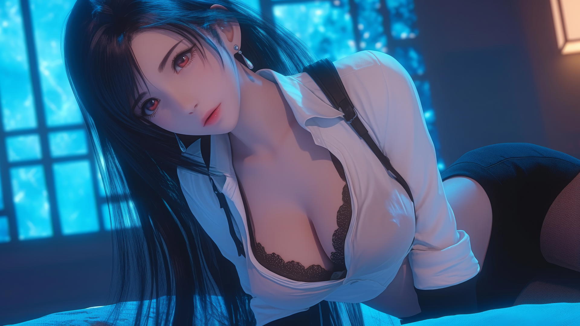 Tifa Lockhart kneeling, looking down, white office shirt, neon-lit modern hotel room.