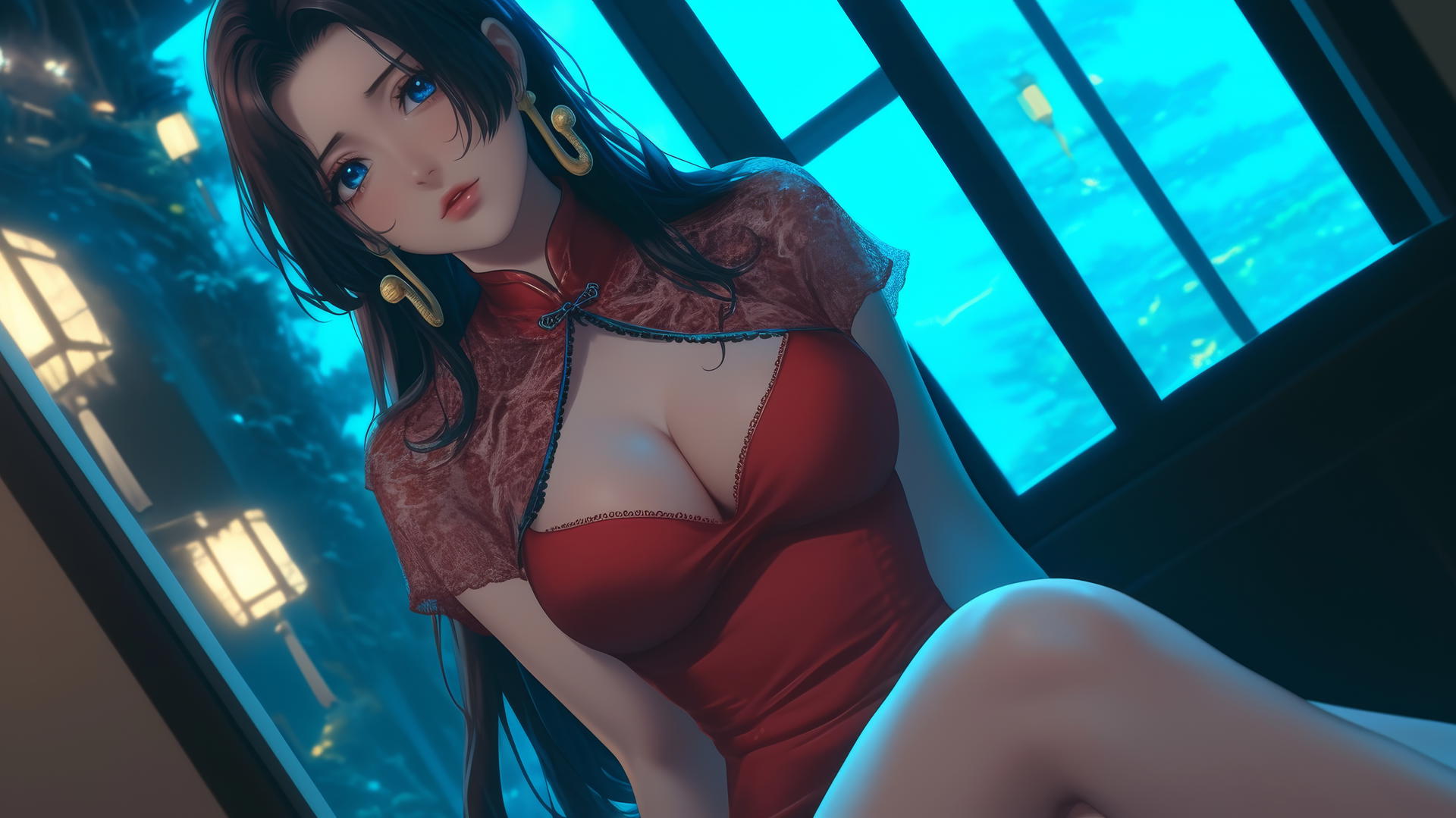 Boa Hancock kneeling under neon lit ceiling, gazing downwards