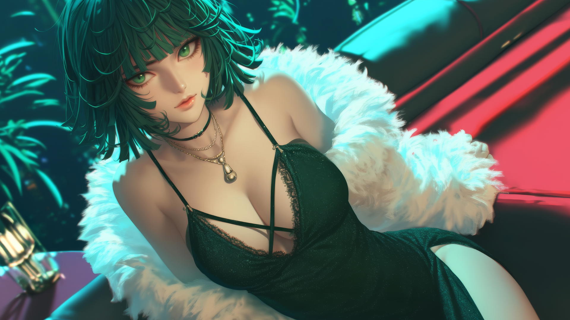 Fubuki from One Punch Man kneeling, neon-lit modern hotel room, dark green bob haircut, light green eyes
