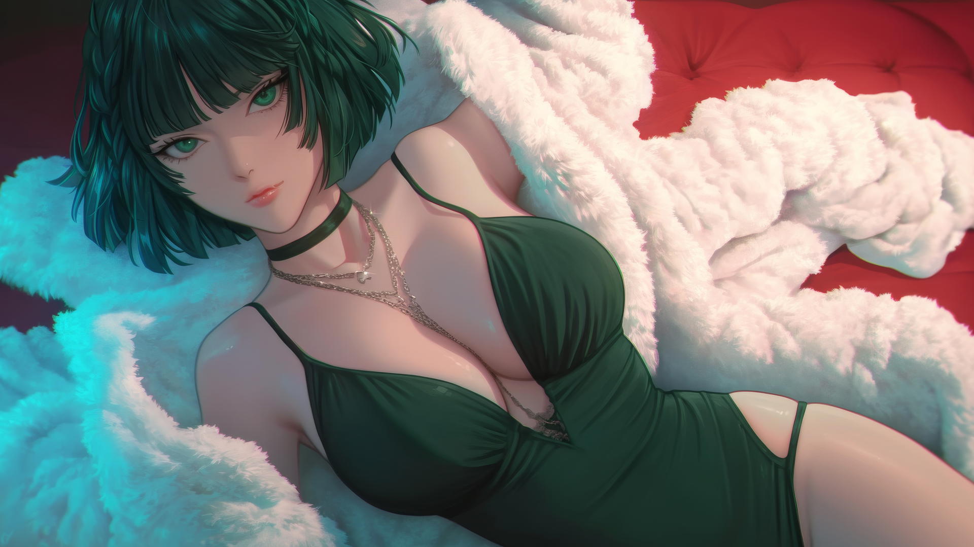 Fubuki from One Punch Man kneeling in a neon-lit hotel room