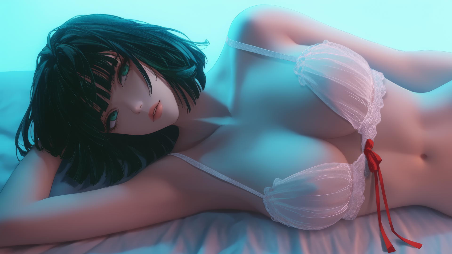 Fubuki from One Punch Man in a modern hotel room, head hanging upside down, with neon light casting a soft glow.