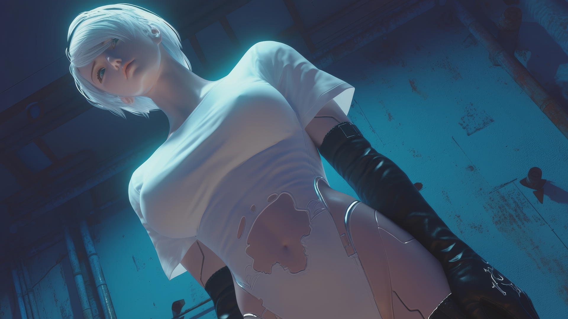 2B from Nier wearing a broken white t-shirt, kneeling and leaning forward under hotel ceiling with neon light glow.