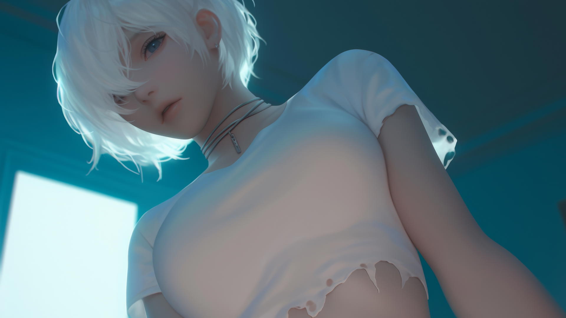 2B from Nier in a kneeling pose, wearing a white t-shirt with a hotel ceiling background.