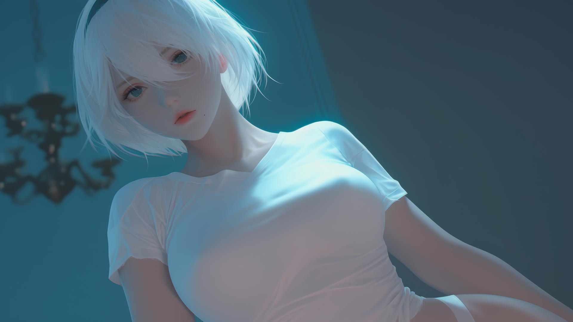 2B from Nier in a broken white shirt, seen from below, kneeling with neon-lit hotel ceiling in the background.