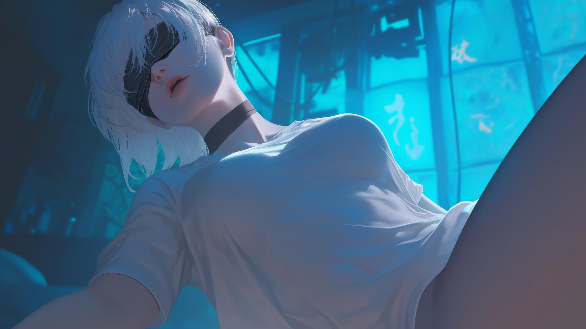 2B from Nier kneeling and leaning, wearing a broken white t-shirt and blindfold, under neon-lit hotel ceiling.