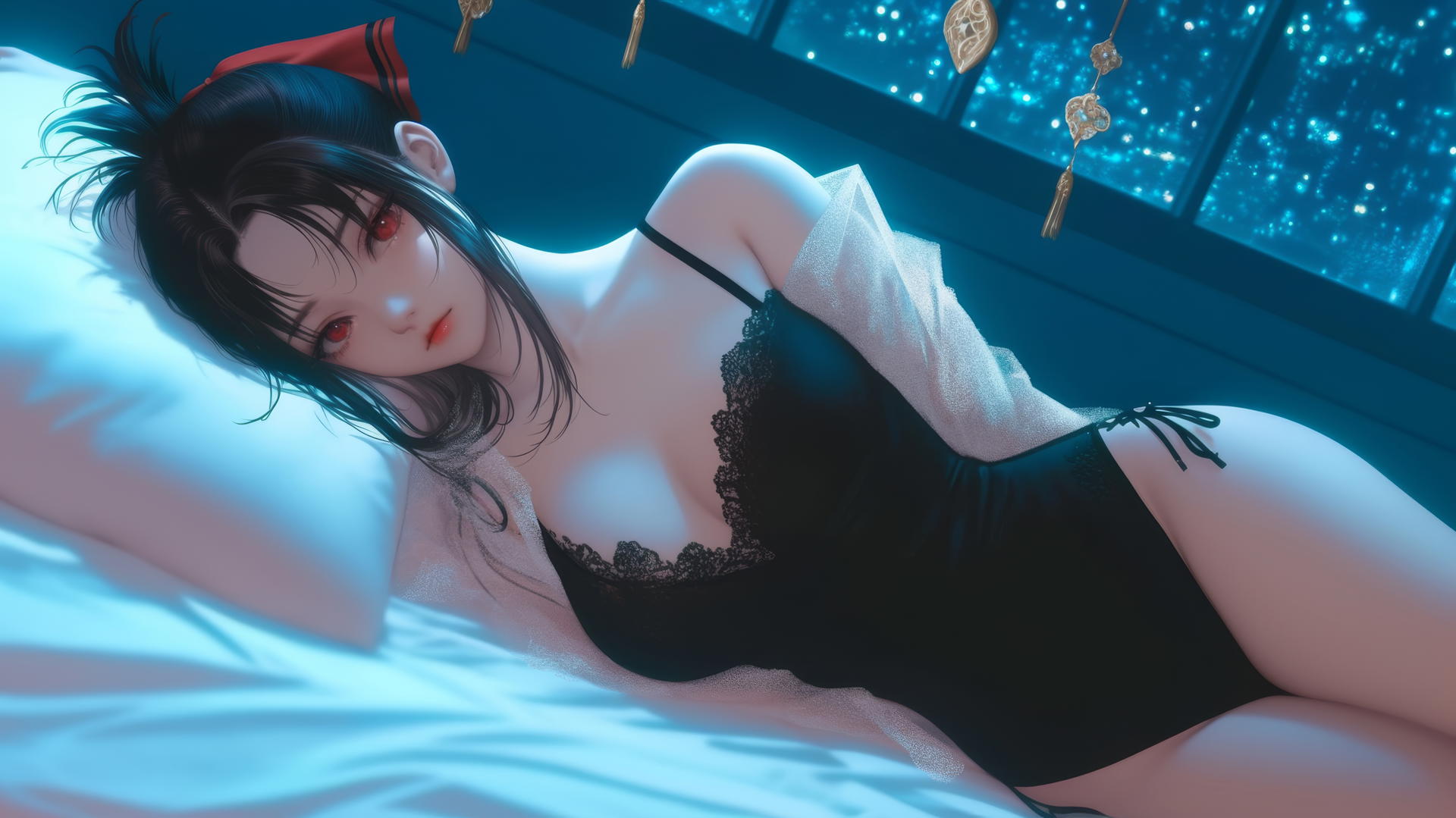 Kaguya Shinomiya with red eyes resting in a modern hotel with neon light glow.