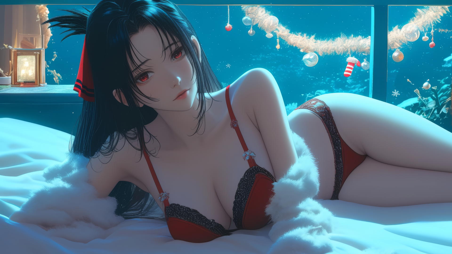 Kaguya Shinomiya in red Christmas attire, neon glow, modern hotel.