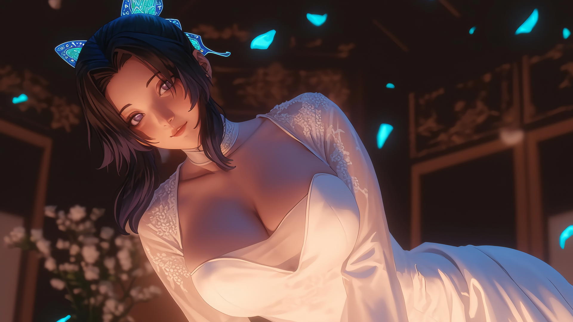Shinobu Kocho from Demon Slayer wearing a wedding dress kneeling and looking down under warm hotel ceiling lights.