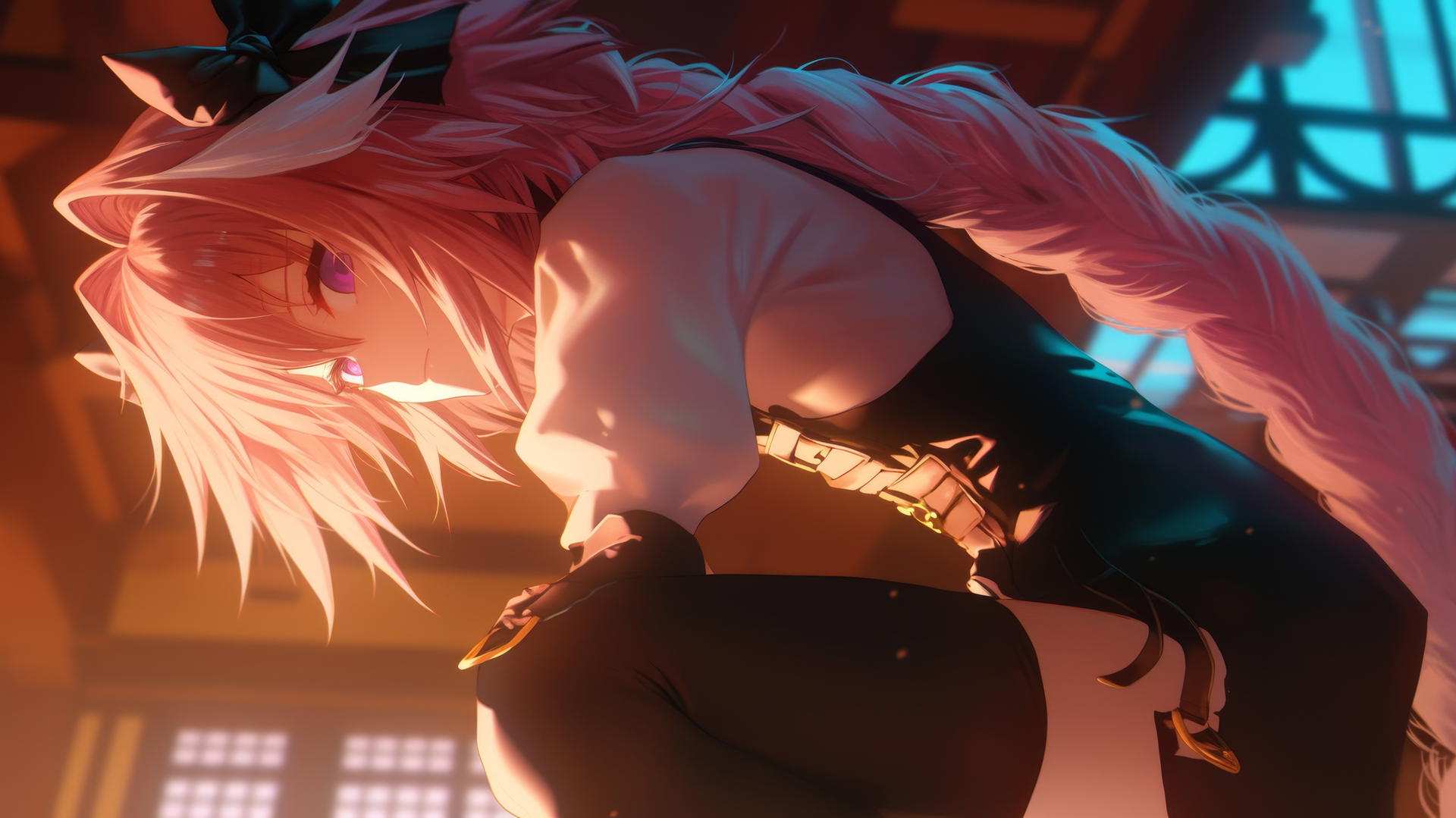 Astolfo from Type Moon kneeling and leaning, seen from below