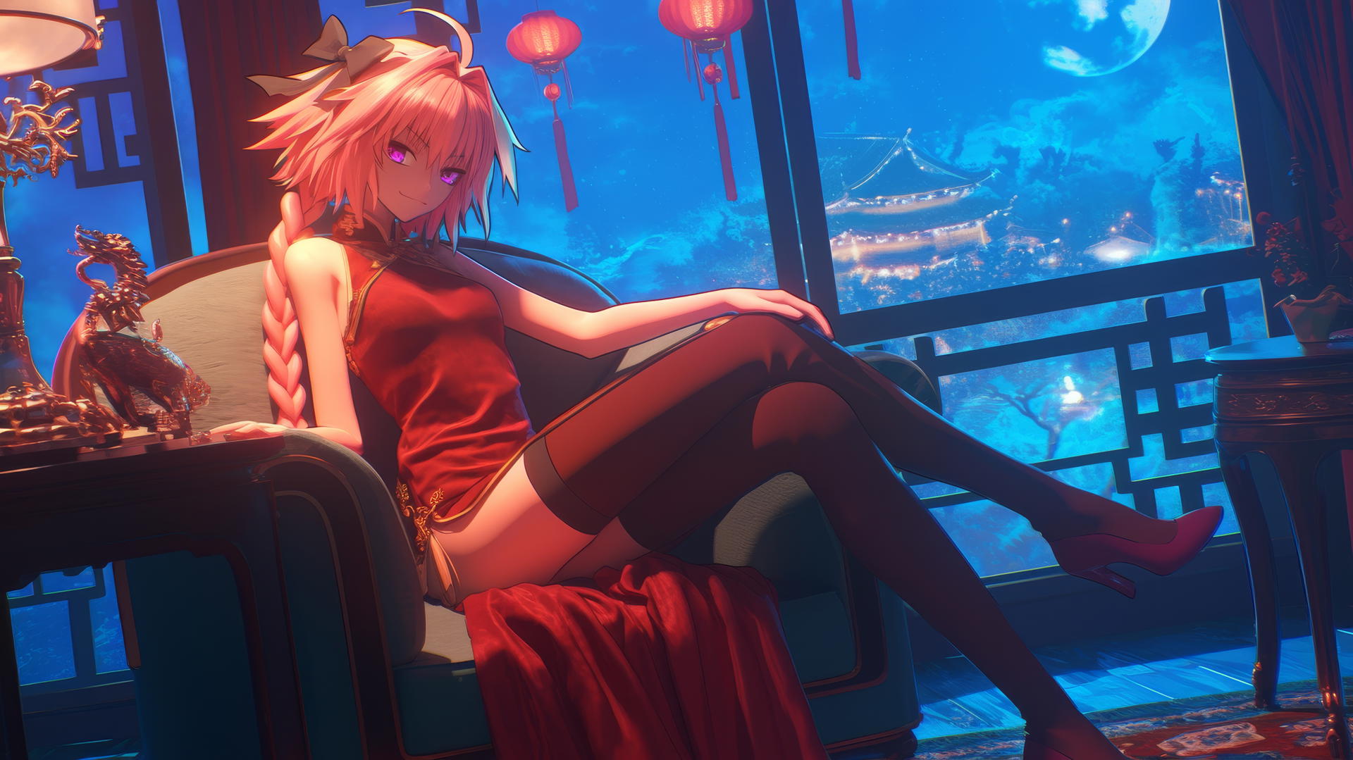 Astolfo from Type Moon resting in a modern hotel room with moonlight glow.